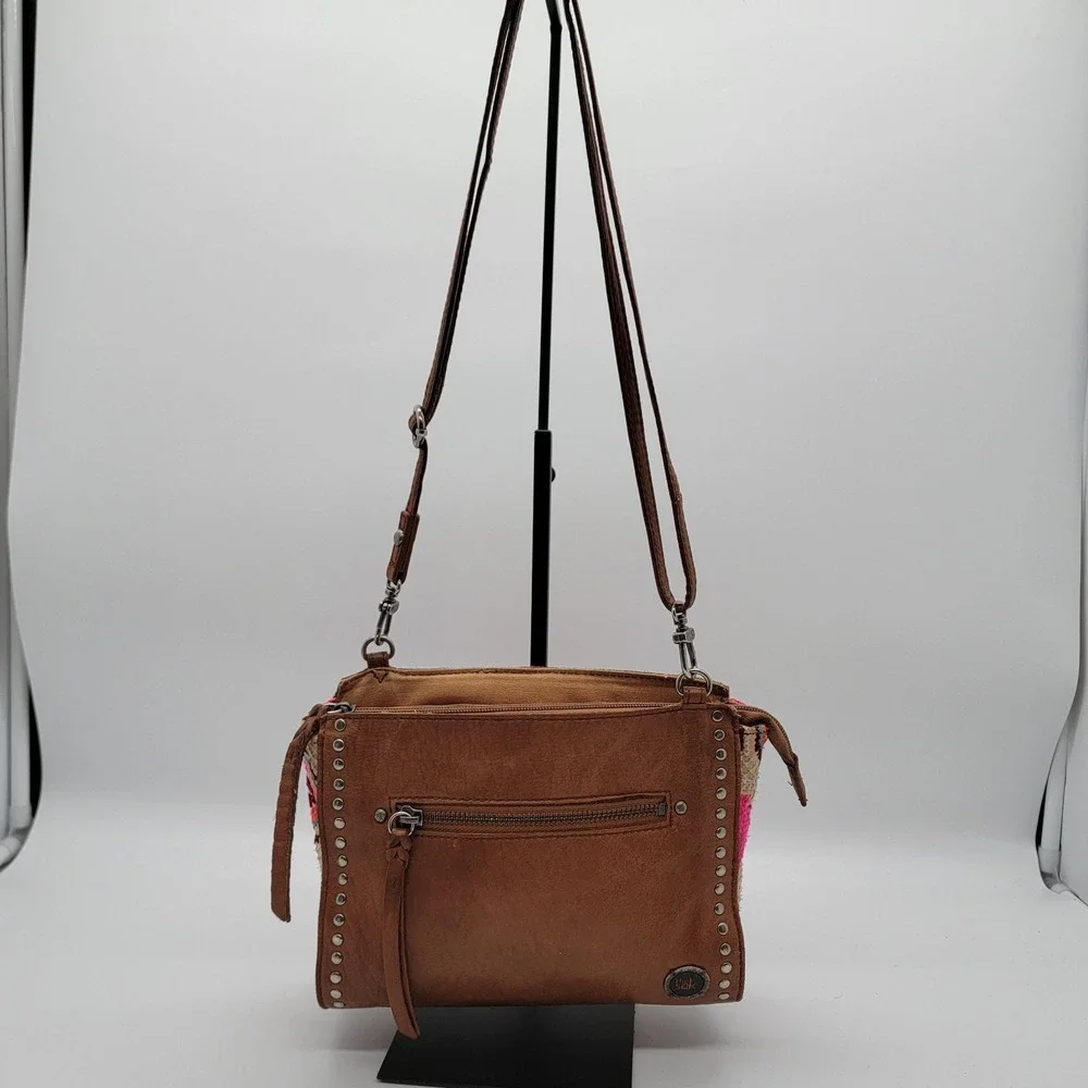 THE SAK Cabrillo Demi Italian Leather Crossbody Purse Colorful Fabric Sides Lash